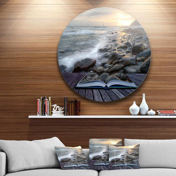 Open Book to the Evening Sea - Sea & Shore Round Metal Wall Art